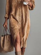 Loose Corduroy Double Chest Pocket Single Breasted Midi Dress