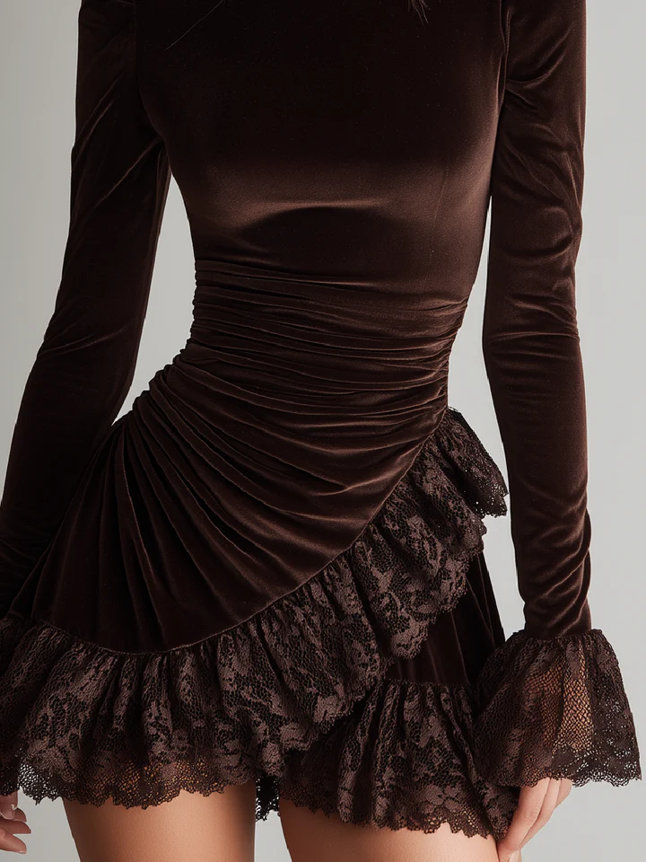 Brown Velvet Turtleneck Ruffled Lace Hem Mini Dress