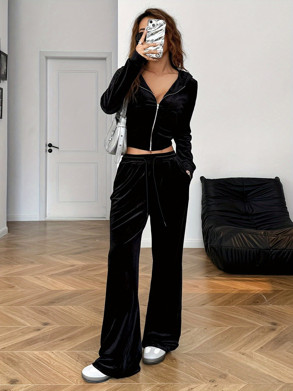 Zipper Top and Pocket Pants Women's Casual Suit