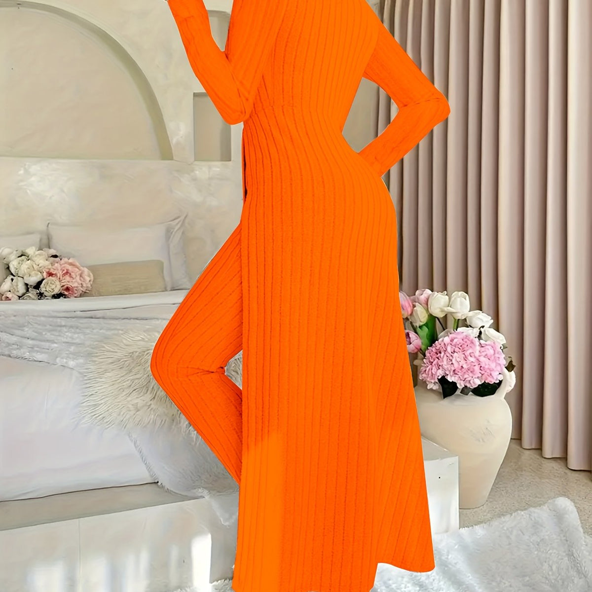 Designer Round Neck Split Long Sleeve Top and Pants