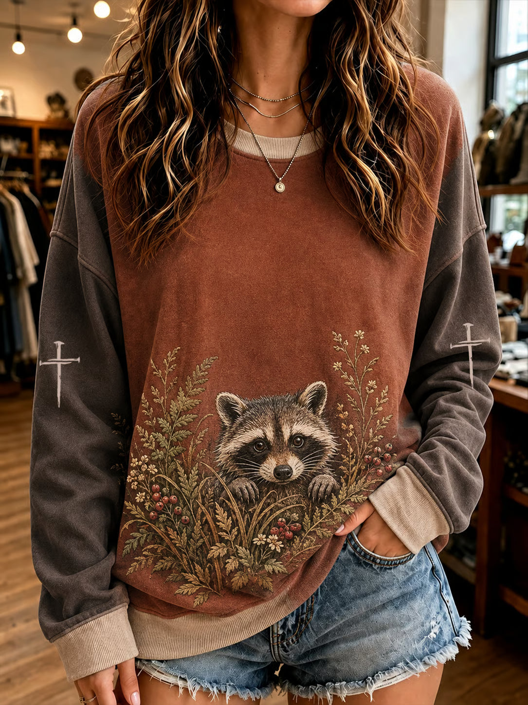 Dames Sweatshirt med Vaskebjørn Print – Vintage & Casual Stil