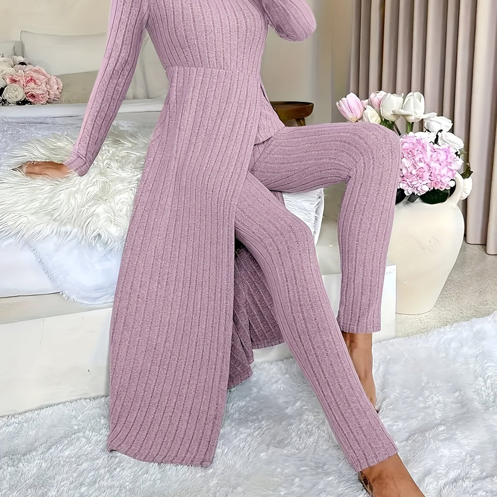 Autumn-Winter Casual Robe and Long Pants Set, High Slit Dress Set, Hair Needle Material, Suitable for Daily Wear, Home Casual Wear