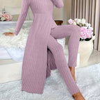 Autumn-Winter Casual Robe and Long Pants Set, High Slit Dress Set, Hair Needle Material, Suitable for Daily Wear, Home Casual Wear