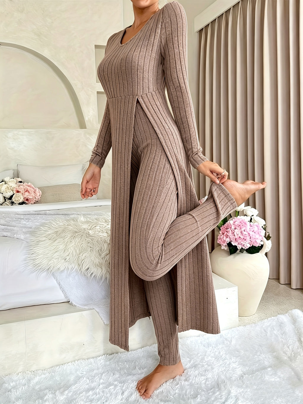 Designer Round Neck Split Long Sleeve Top and Pants