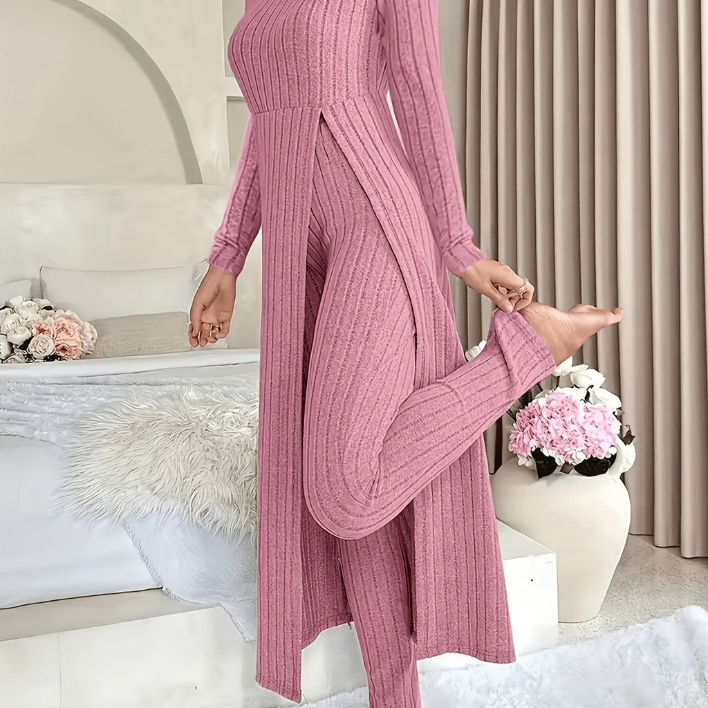Autumn-Winter Casual Robe and Long Pants Set, High Slit Dress Set, Hair Needle Material, Suitable for Daily Wear, Home Casual Wear