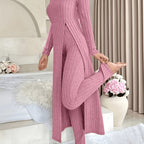 Autumn-Winter Casual Robe and Long Pants Set, High Slit Dress Set, Hair Needle Material, Suitable for Daily Wear, Home Casual Wear