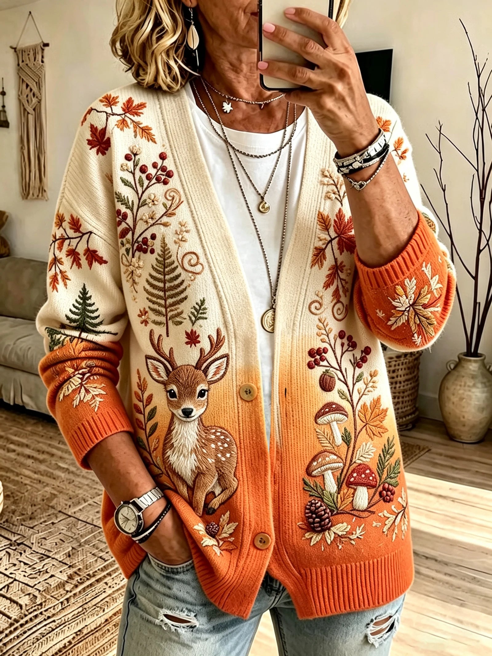 Dame Cardigan med Efterårsbroderi – Hjort & Naturmotiv