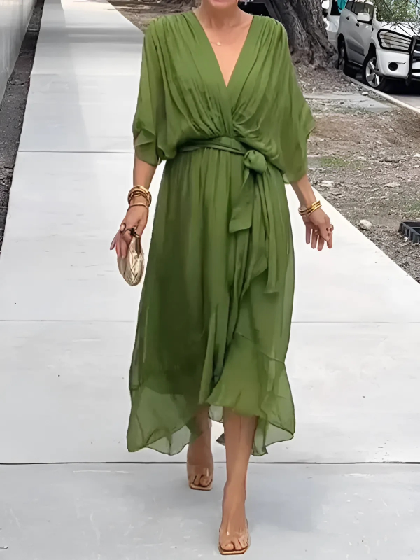 Flutter Sleeve Midi Dress with V-Neck and Belt for Women