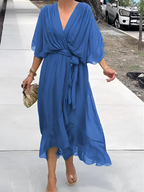 Flutter Sleeve Midi Dress with V-Neck and Belt for Women