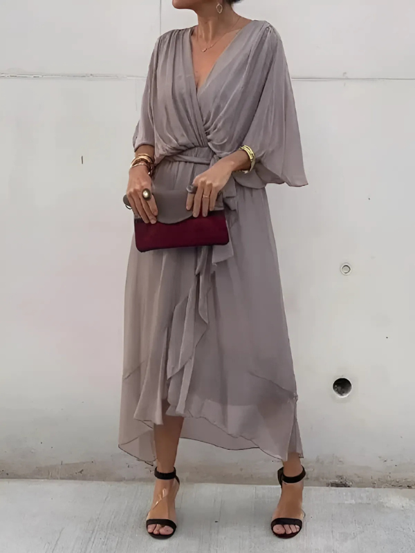 Flutter Sleeve Midi Dress with V-Neck and Belt for Women