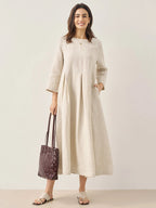 100% Linen Bateau Neck Pleated Midi Dress ABIGAIL