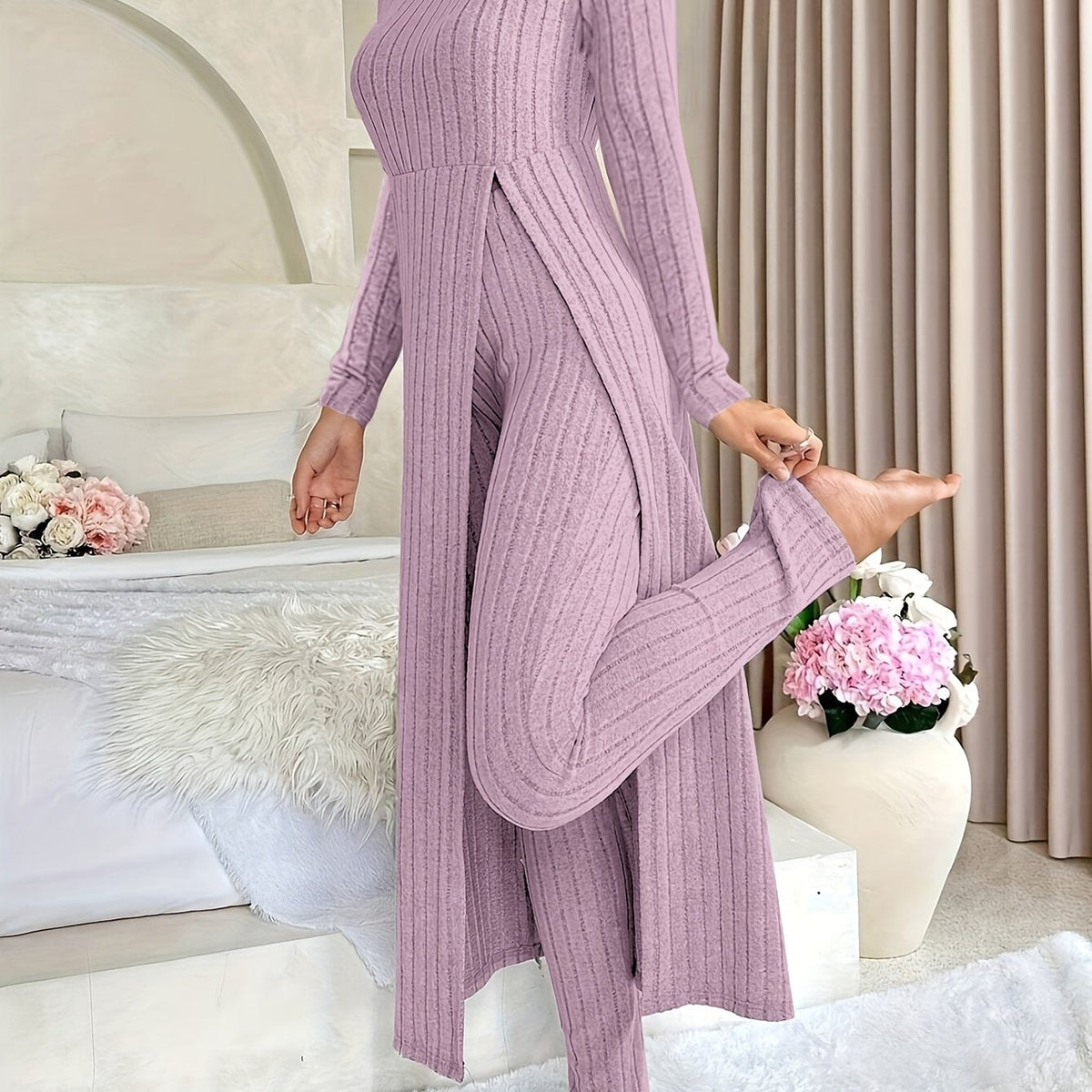 Designer Round Neck Split Long Sleeve Top and Pants