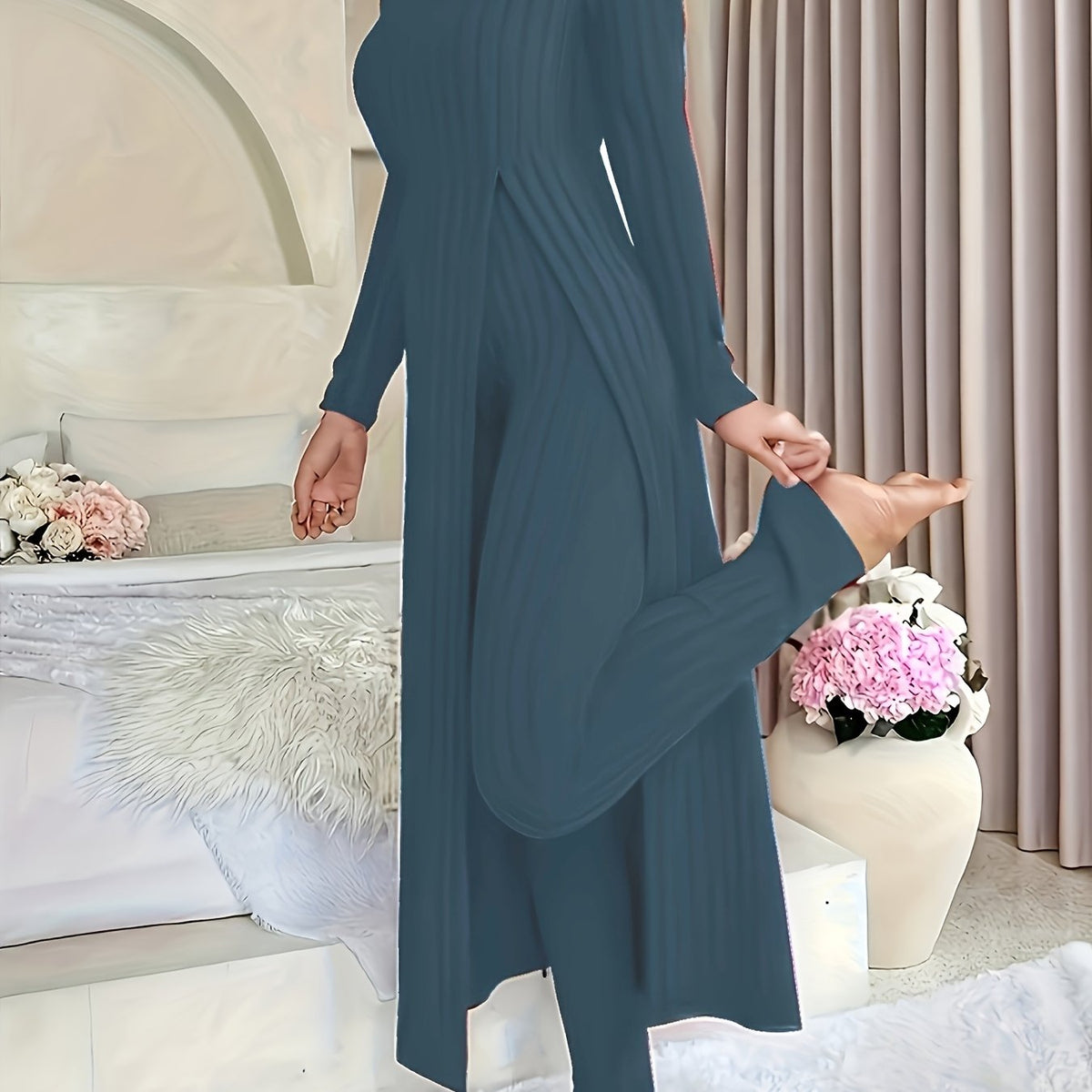Autumn-Winter Casual Robe and Long Pants Set, High Slit Dress Set, Hair Needle Material, Suitable for Daily Wear, Home Casual Wear