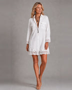 Bohemian Eyelet Hem Resort White Shirt Mini Dress