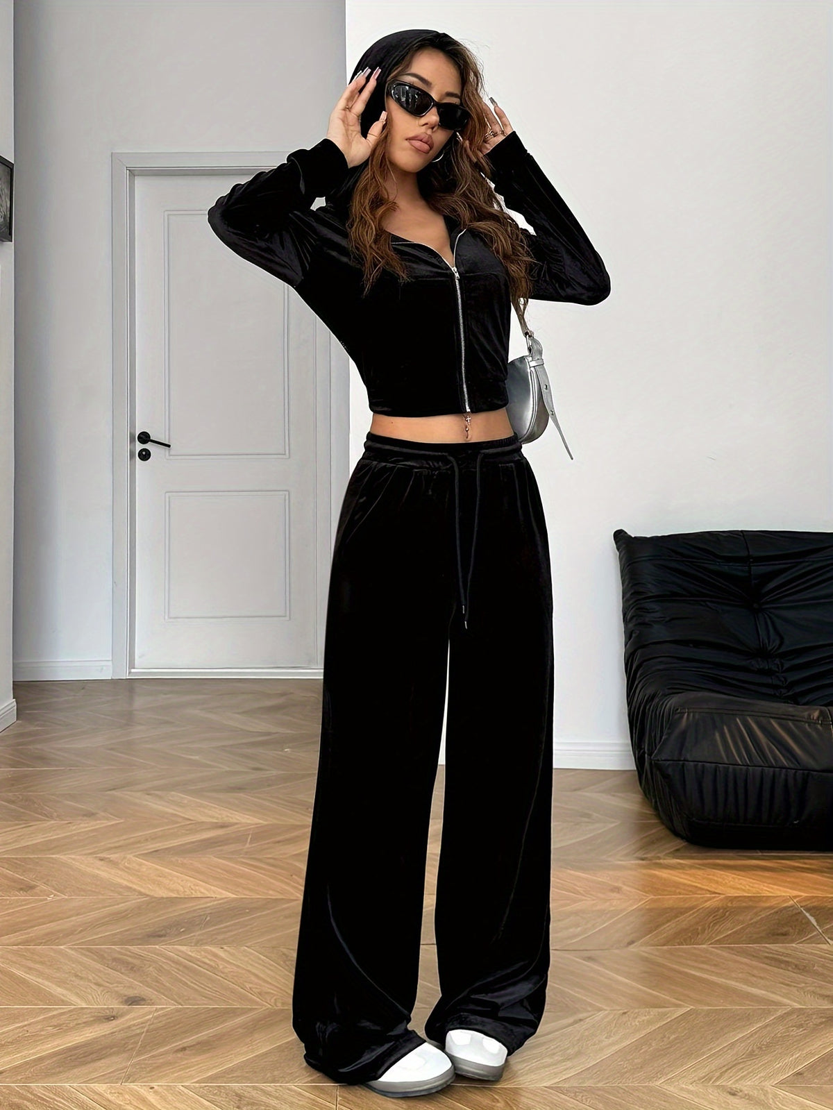 Zipper Top and Pocket Pants Women's Casual Suit