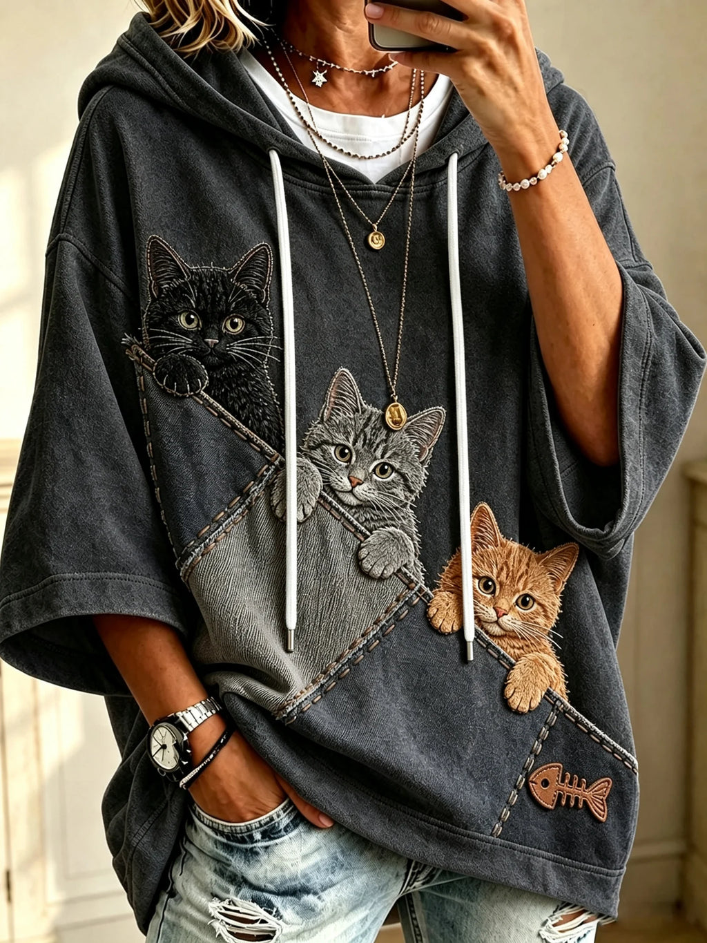 Katteelsker Hoodie med 3D Katteprint – Oversized Unisex Pasform