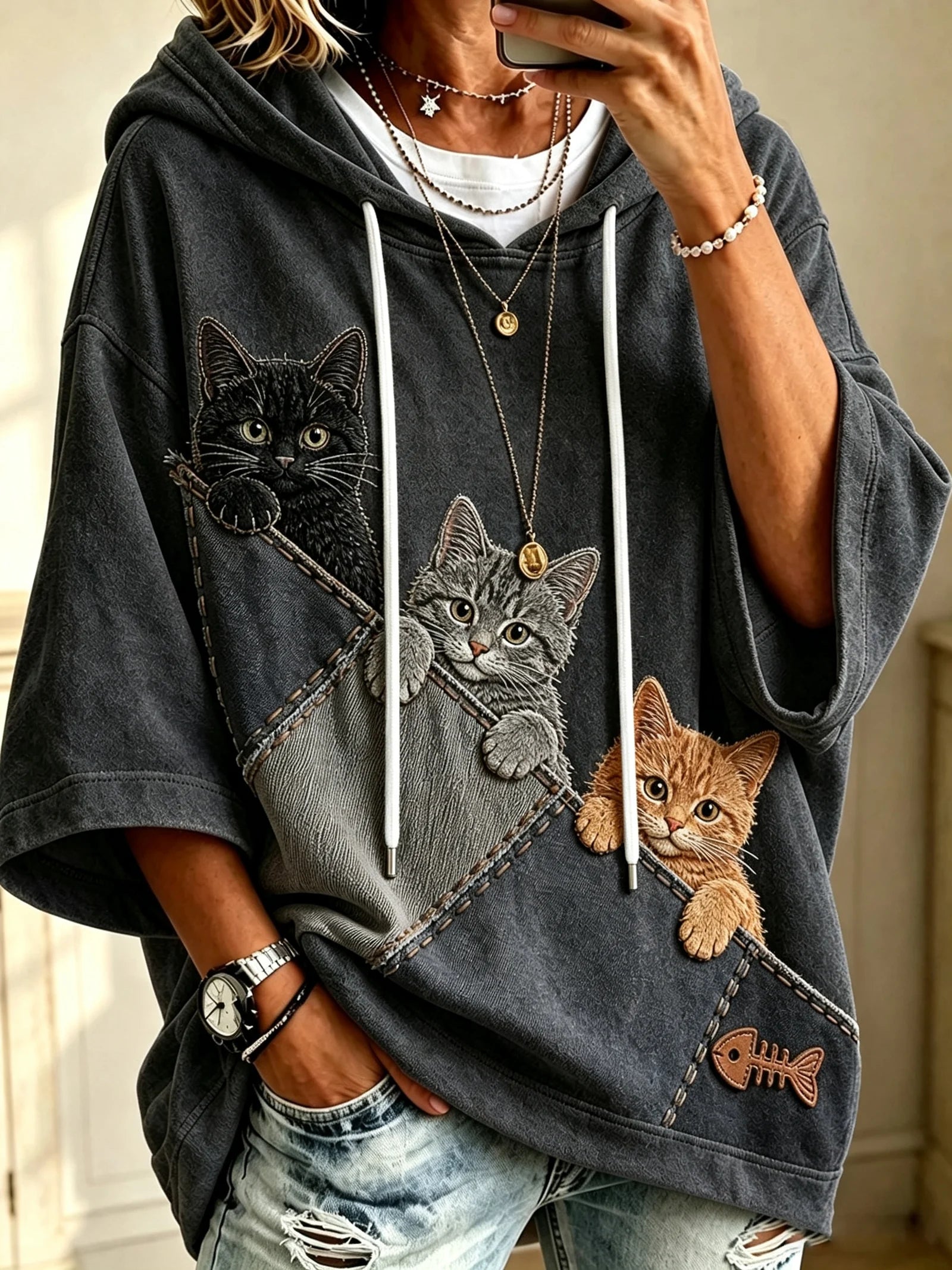 Katteelsker Hoodie med 3D Katteprint – Oversized Unisex Pasform