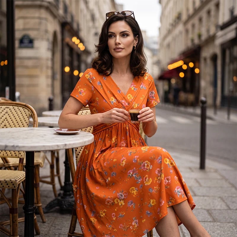 Women's V-Neck Floral Print Dress with Twist Waist