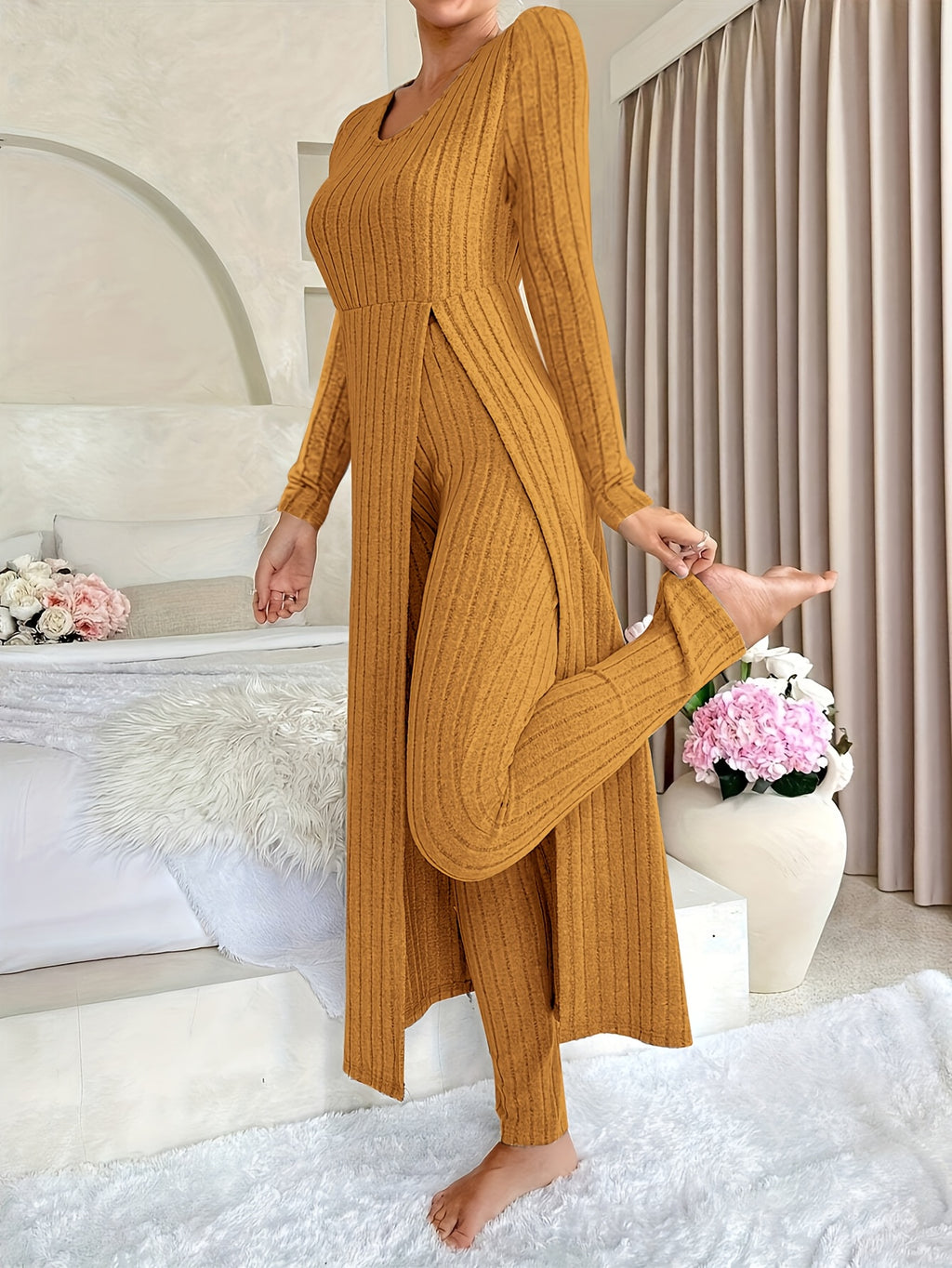 Designer Round Neck Split Long Sleeve Top and Pants