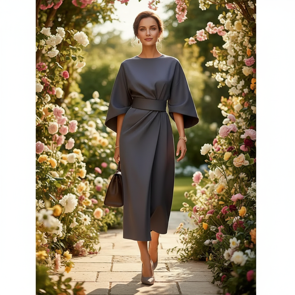 Laurel | Belted Midi Dress with Lantern Sleeves for Women