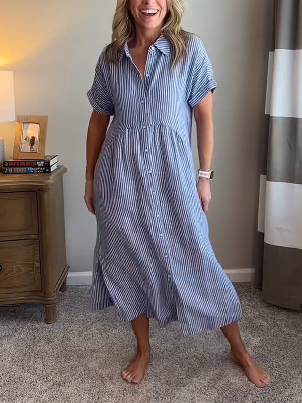 Striped Button-Down Midi Shirt Dress for Women