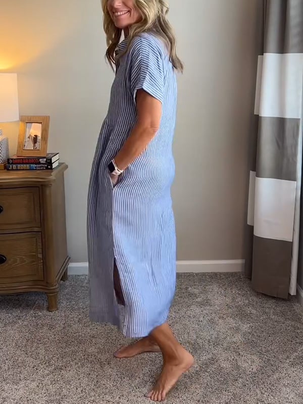 Striped Button-Down Midi Shirt Dress for Women