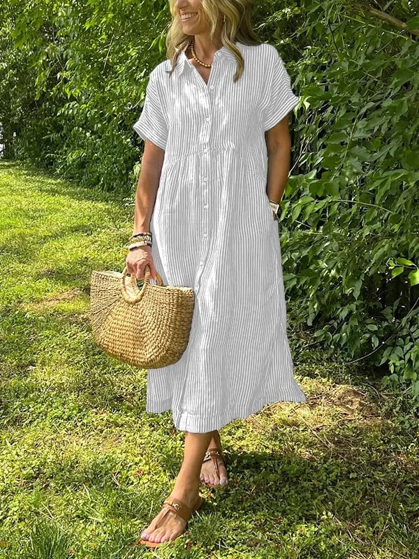 Striped Button-Down Midi Shirt Dress for Women