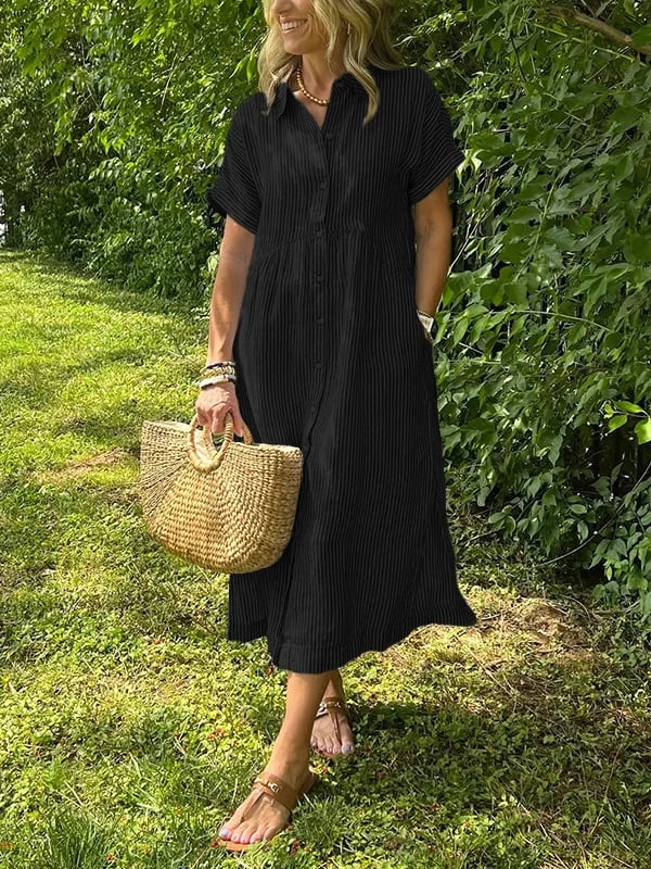 Striped Button-Down Midi Shirt Dress for Women