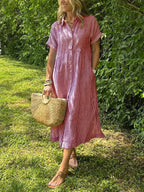 Striped Button-Down Midi Shirt Dress for Women