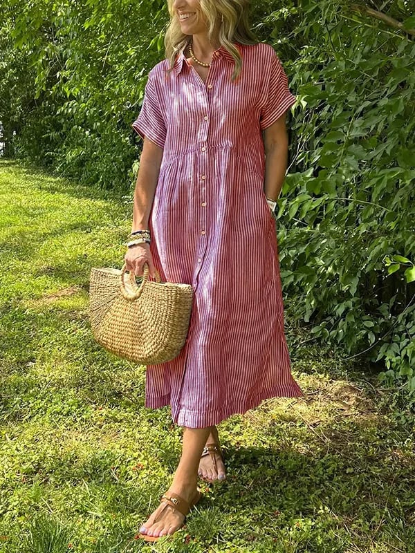 Striped Button-Down Midi Shirt Dress for Women