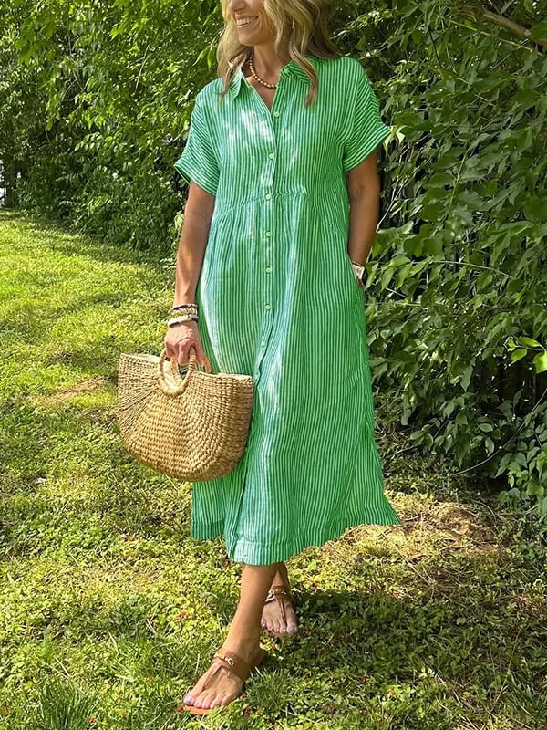 Striped Button-Down Midi Shirt Dress for Women