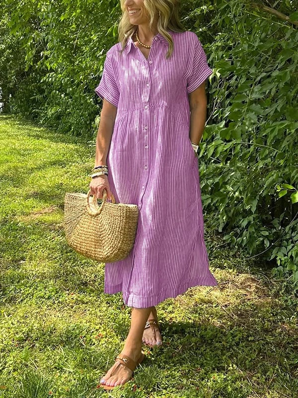 Striped Button-Down Midi Shirt Dress for Women