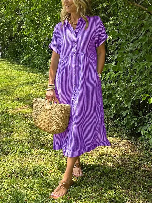 Striped Button-Down Midi Shirt Dress for Women