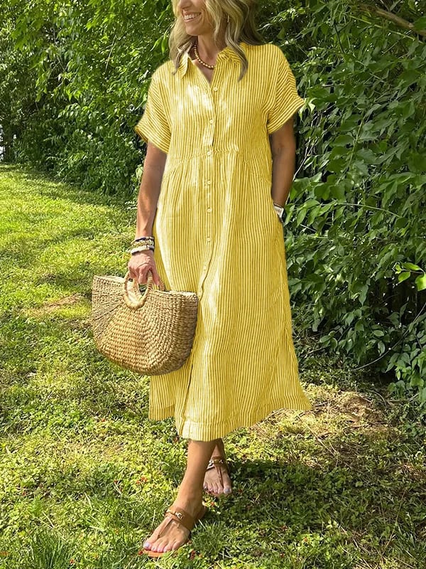 Striped Button-Down Midi Shirt Dress for Women