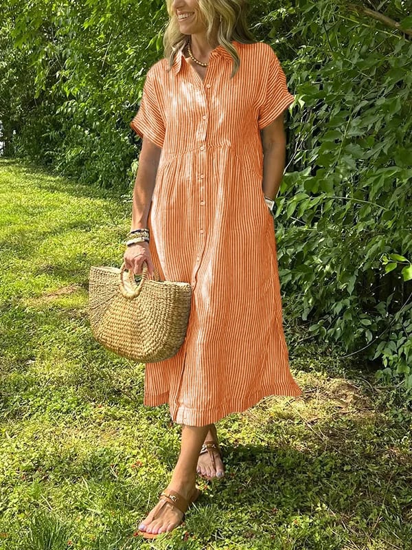 Striped Button-Down Midi Shirt Dress for Women