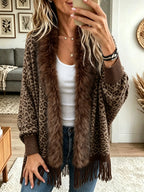 Women's Leopard Faux Fur Collar Fringe Cardigan