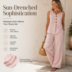 Women's Rich Linen-Blend Sleeveless Button Top and Loose Pants Set