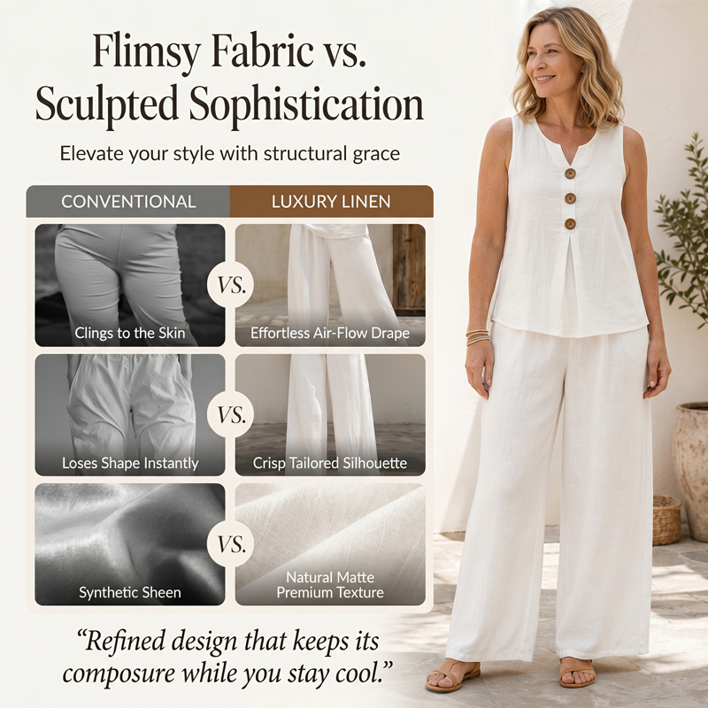 Women's Rich Linen-Blend Sleeveless Button Top and Loose Pants Set