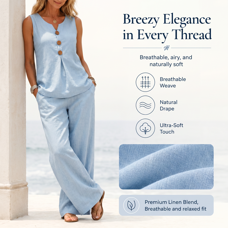 Women's Rich Linen-Blend Sleeveless Button Top and Loose Pants Set