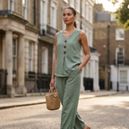 Women's Rich Linen-Blend Sleeveless Button Top and Loose Pants Set
