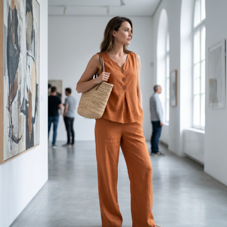 Women's Rich Linen-Blend Sleeveless Button Top and Loose Pants Set