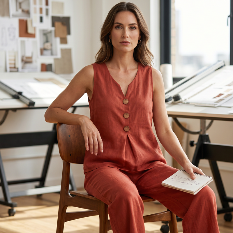 Women's Rich Linen-Blend Sleeveless Button Top and Loose Pants Set