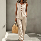 Women's Rich Linen-Blend Sleeveless Button Top and Loose Pants Set
