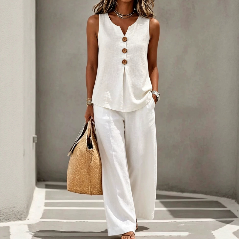 Women's Rich Linen-Blend Sleeveless Button Top and Loose Pants Set