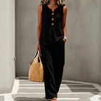 Women's Rich Linen-Blend Sleeveless Button Top and Loose Pants Set