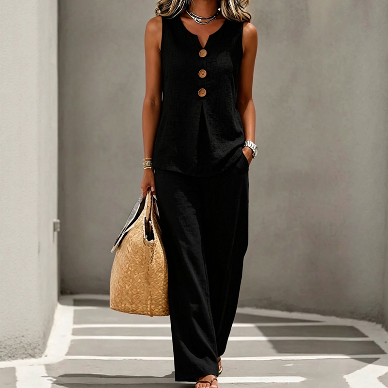 Women's Rich Linen-Blend Sleeveless Button Top and Loose Pants Set
