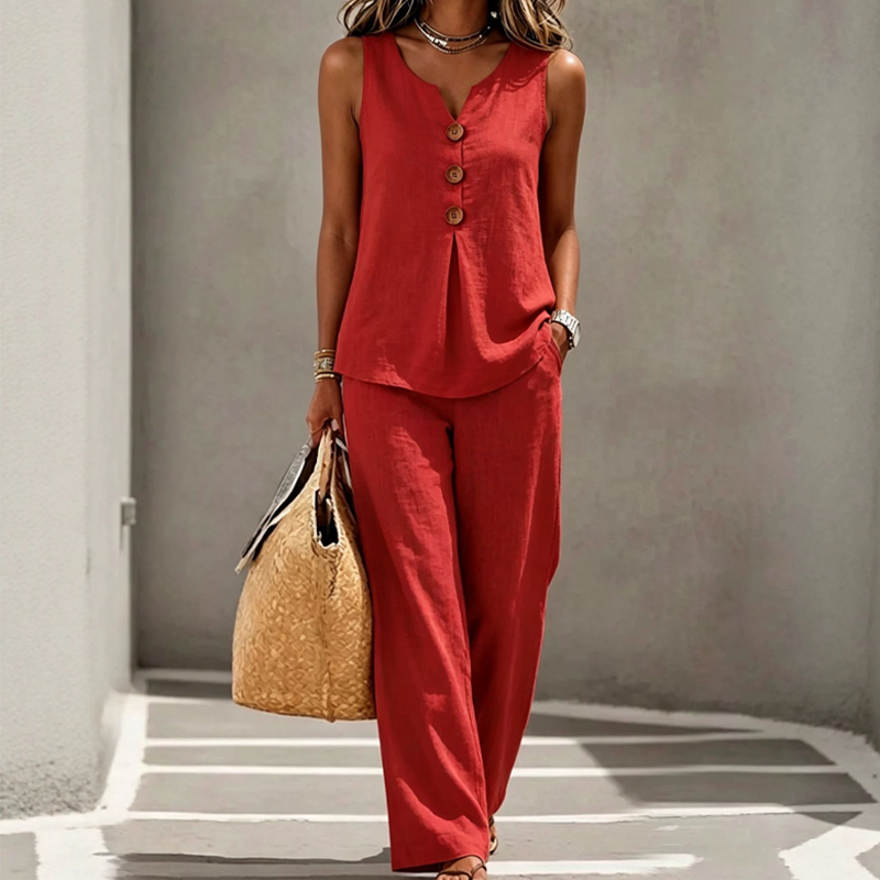 Women's Rich Linen-Blend Sleeveless Button Top and Loose Pants Set