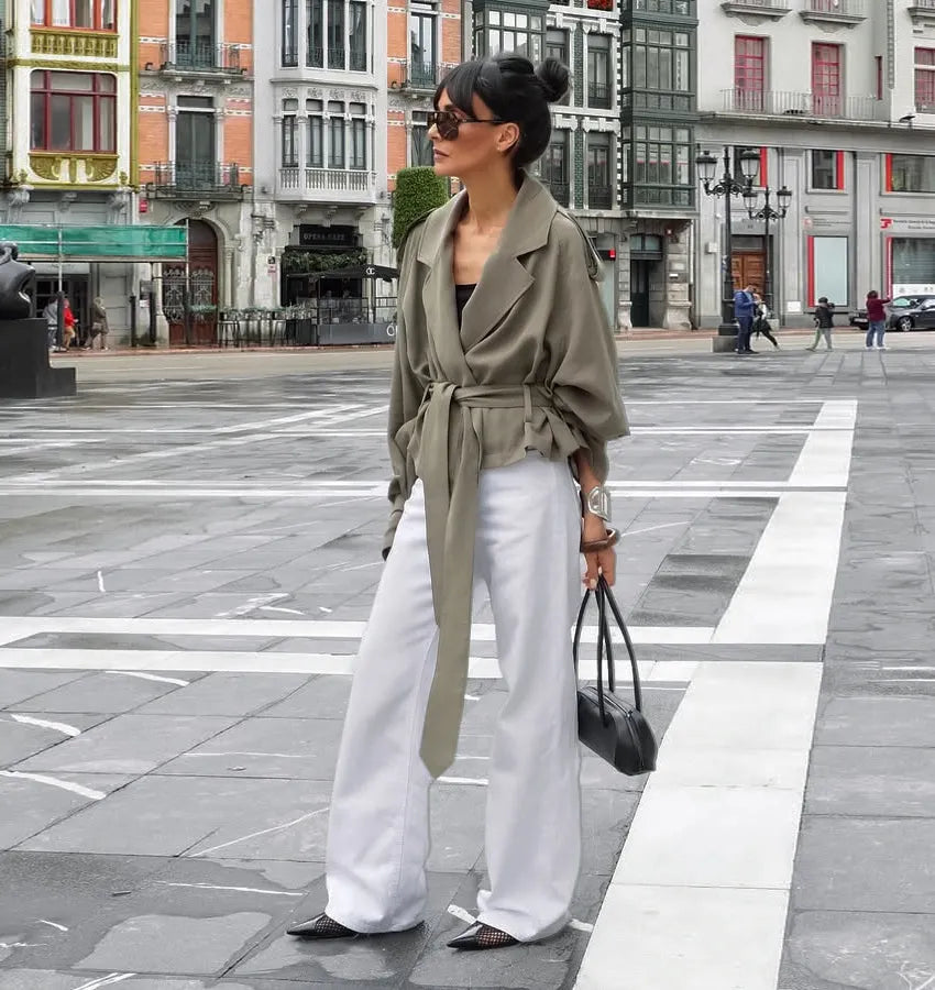 Women's Cropped Trench Coat With Tie Belt & Notched Lapel | Casual